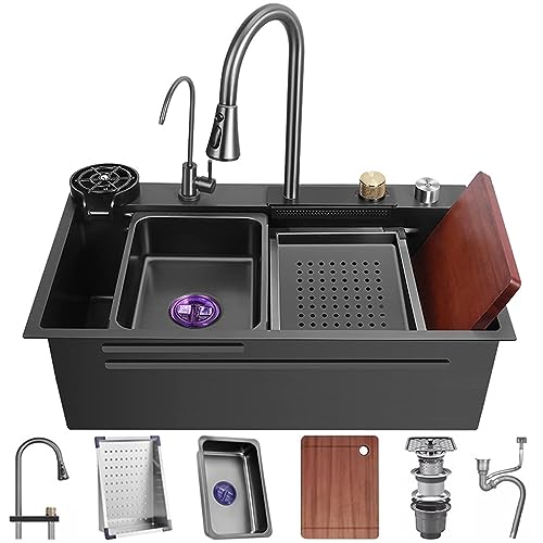 Edelstahl Single-Bowl Küchenspüle Multifunktionale Wasserfall Spüle Nano-beschichtete Workstation Spüle Mit Wasserfall Pull-Down Wasserhahn Und Komplettes Zubehör Set (S : 75x45x22cm) von OMGMTSTORE