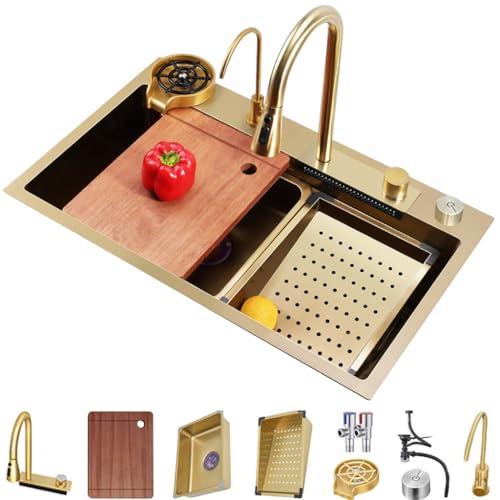 Edelstahl Single-Bowl Wasserfall Waschbecken Multifunktionale Goldene Küche Workstation Waschbecken Mit Ausziehbarem Wasserhahn Cup Waschmaschine Komplettes Zubehör Set Für Dual-Mount ( Color : Gold , von OMGMTSTORE
