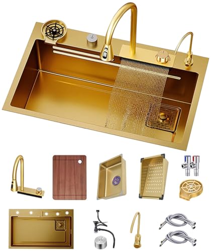 Golden 80×45cm Single-Bowl Wasserfall Küchenspüle Multifunktionale Bar Zähler Spüle Nano-beschichtete Workstation Spüle Mit Pull-Down Wasserhahn Und Komplettes Zubehör Set von OMGMTSTORE