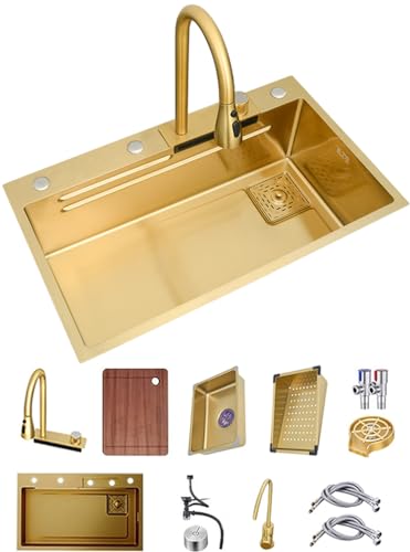 Goldene Edelstahl Wasserfall Waschbecken Vielseitige Edelstahl Single-Bowl Küche Workstation Waschbecken Wasserfall Pull-Down Wasserhahn Und Komplettes Zubehör Set Für Dual-Mount ( Color : Gold , S : von OMGMTSTORE