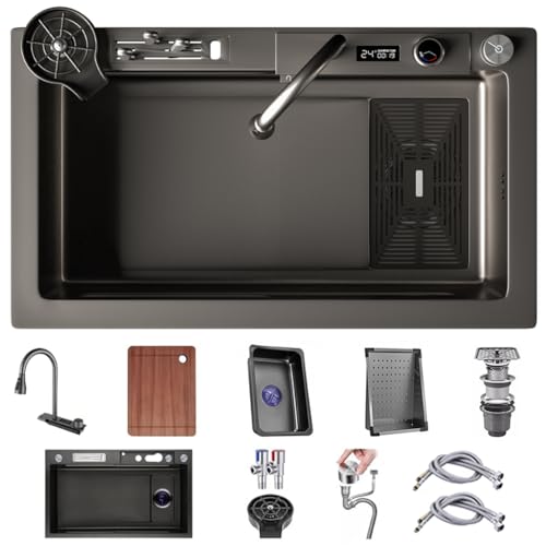 OMGMTSTORE 75×45CM Küchenspüle Aus Edelstahl Mit Digitalem Ausziehhahn Multifunktionaler Wasserfallspüle Mit Ablaufkorb, Ablaufbecken, Schneidebrett, Becherwischer, Ablaufkomponente von OMGMTSTORE