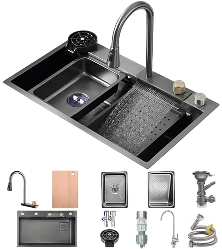 OMGMTSTORE 75x45cm Edelstahl Wasserfallspüle Multifunktionale 1 Becken Küchenspüle Nano Beschichtete Arbeitsplatzspüle Mit 3-in-1 Ausziehhahn,Entwässerungskomponente,Becherwischer OMGMTSTORE 75x45cm Edelstahl Wasserfallspüle Multifunktionale 1 Becken Küchenspüle Nano Beschichtete Arbeitsplatzspüle Mit 3-in-1 Ausziehhahn,Entwässerungskomponente,Becherwischer von OMGMTSTORE