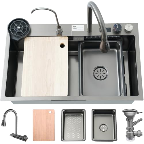 OMGMTSTORE 85x45cm Edelstahl Einbauspüle,1 Becken Küchenspüle,Wasserfall Spüle inkl 3-in-1 Ausziehhahn,Schneidebrett und Entwässerungssystem - Komplettset für Hausbar von OMGMTSTORE