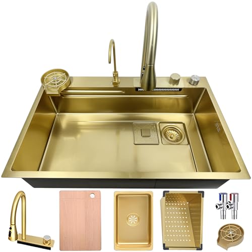 OMGMTSTORE 85x50CM Golden Wasserfall Spüle,Edelstahl Küchenspüle,1 Becken,Große arbeitsplatz küchenspüle,mit Ausziehbar Wasserhahn Küche,2 Abtropfkorb,Schneidebrett,Seifenspender,Gläserspüler,Siphon von OMGMTSTORE