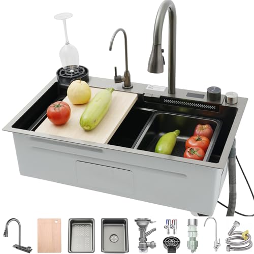 OMGMTSTORE 90x50CM Wasserfall-Waschbecken Mit Digitalem Anzeigebildschirm Top Mount-SpüLe Einzelbecken-KüChenspüLe Aus Edelstahl Multifunktionales SpüLbecken FüR Die Hausbar Mit Komplettes Zubehörset von OMGMTSTORE