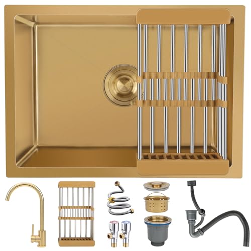OMGMTSTORE Edelstahl Küchenspüle 55x40 cm,Unterbau/Überbau-Spüle,Spülbecken Küche Klein,Gebürstete Barspüle In Gold mit Küchenarmatur,faltbarem Siebkorb,Ablauffilter und Überlaufgarnitur OMGMTSTORE Edelstahl Küchenspüle 55x40 cm,Unterbau/Überbau-Spüle,Spülbecken Küche Klein,Gebürstete Barspüle In Gold mit Küchenarmatur,faltbarem Siebkorb,Ablauffilter und Überlaufgarnitur von OMGMTSTORE