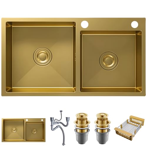 OMGMTSTORE Spüle Küche 2 Becken 80 x 45 cm,Gold Edelstahl Küchenspüle mit 2 HahnLöcher,Großes Waschbecken Küche,Ausgussbecken in der Küche,Einbauspüle inkl Abtropfkorb,Seifenspender,Siphon und Über von OMGMTSTORE