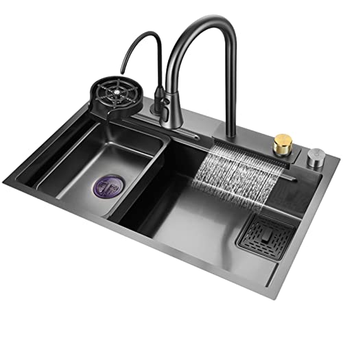 Schwarze Nano Single Bowl Küchenspüle 304 Edelstahl Wasserfall Bar Spüle Mehrzweck Handgefertigte Spüle Rv Spüle Mit Ausziehbarem Wasserhahn Und Drainage-Komponenten Schwarze Nano Single Bowl Küchenspüle 304 Edelstahl Wasserfall Bar Spüle Mehrzweck Handgefertigte Spüle Rv Spüle Mit Ausziehbarem Wasserhahn Und Drainage-Komponenten von OMGMTSTORE