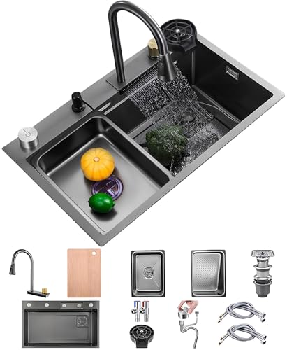 Wasserfall-Küchenspüle Nano-Küchenspüle Aus Edelstahl Bar-Spüle Mit Einzelbecken Multifunktions-Arbeitsplatzspüle Mit Ausziehbarem Wasserhahn, Abflussbecken, Tassenspüler, Ablaufgarnitur(85x45x22cm) von OMGMTSTORE
