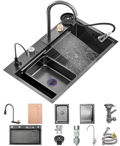 Wasserfall-Küchenspüle Top Mount-Spüle Aus Edelstahl Schwarze Nano-Einzelspüle Multifunktionale Arbeitsstationsspüle Mit Ausziehbarem Wasserhahn, Glasspüler, Abflussbecken, Ablaufgarnitur(75x50x22cm) von OMGMTSTORE