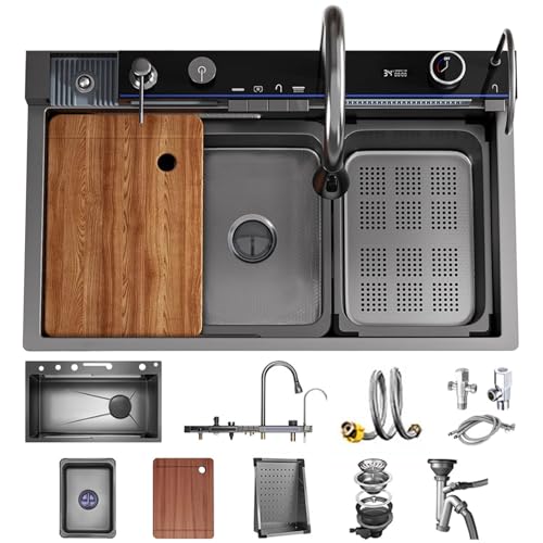 Wasserfall Küchenspüle Vielseitige Edelstahl Single-Bowl Küchenarbeitsplatz Waschbecken Integrierte Spüle mit abnehmbarem Wasserhahn… von OMGMTSTORE