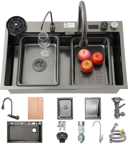 Wasserfall Spüle 75x45 cm,Edelstahl Schwarz Grau Wasserfall-Waschbecken Mit Digitalem Anzeigebildschirm,1 Becken spüle,Top Mount-SpüLe,Große arbeitsplatz küchenspüle Mit Komplettes Zubehörset von OMGMTSTORE