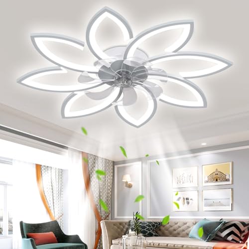 OMGPFR Modern Stumm Deckenventilator mit Beleuchtung, LED Dimmbar Ventilator Deckenleuchte mit Fernbedienung Licht für Wohnbereich Schlafzimmer, 6 Geschwindigkeiten Einstellbar, Weiß 90CM von OMGPFR