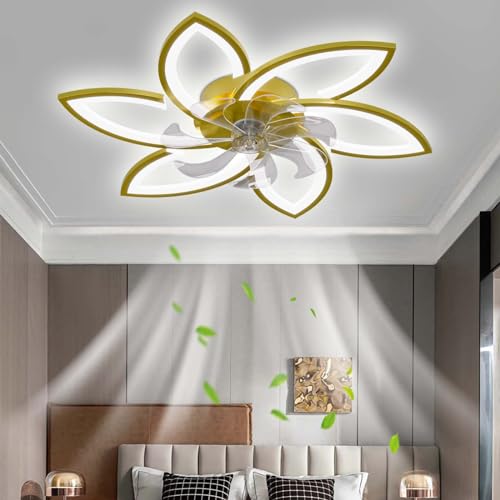 OMGPFR Modern Stumm Deckenventilator mit Beleuchtung, LED Dimmbar Ventilator Deckenleuchte mit Fernbedienung Licht für Wohnbereich Schlafzimmer, 6 Geschwindigkeiten Einstellbar, Gold 78CM von OMGPFR