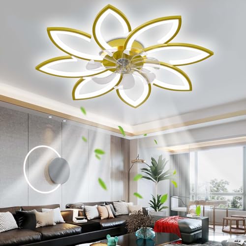 Modern Stumm Deckenventilator mit Beleuchtung, LED Dimmbar Ventilator Deckenleuchte mit Fernbedienung Licht für Wohnbereich Schlafzimmer, 6 Geschwindigkeiten Einstellbar, Gold 90CM von OMGPFR