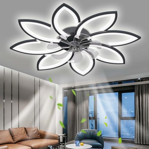 Modern Stumm Deckenventilator mit Beleuchtung, LED Dimmbar Ventilator Deckenleuchte mit Fernbedienung Licht für Wohnbereich Schlafzimmer, 6 Geschwindigkeiten Einstellbar, Schwarz 90CM von OMGPFR