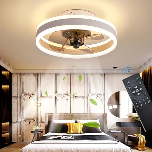 Reversibel Led Deckenventilator Mit Licht Fernbedienung Leise 6 Geschwindigkeiten Schlafzimmer Deckenventilator Mit Beleuchtung Wohnzimmer Modern 24W Dimmbar Deckenlampe, Weiß 40CM von OMGPFR