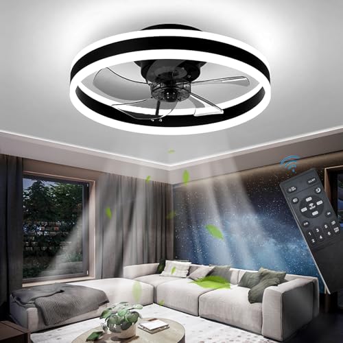 OMGPFR Reversibel Led Deckenventilator Mit Licht Fernbedienung Leise 6 Geschwindigkeiten Schlafzimmer Deckenventilator Mit Beleuchtung Wohnzimmer Modern 24W Dimmbar Deckenlampe, Schwarz 50CM von OMGPFR