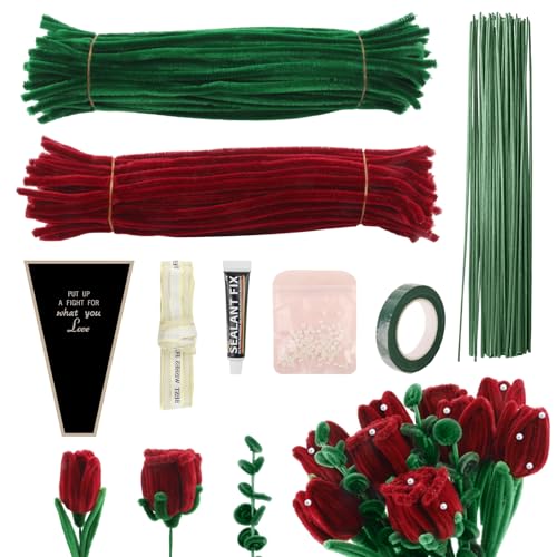 OMIGA 200 Stück Pfeifenputzer Zum Basteln Blumen Pipe Cleaner mit Klebeband Steckdraht Perlen Kleber Verpackungssack und 1 Meter Pfeifenreiniger Set für DIY Blumensträuße (Weinrot + Grün) von OMIGA