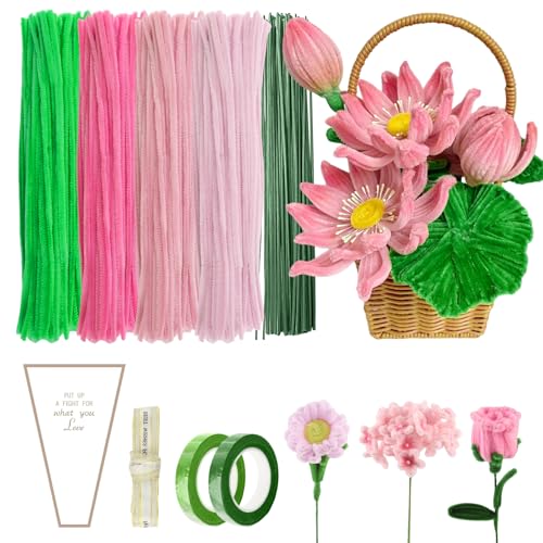 OMIGA Pfeifenputzer Blumen 400 Stück Pfeifenputzer zum Basteln mit Floristendraht und Klebeband Pfeifenreiniger Set für Muttertag Valentinstag Jahrestag Basteln und Handwerk Dekorieren (Rosa/Grün) von OMIGA