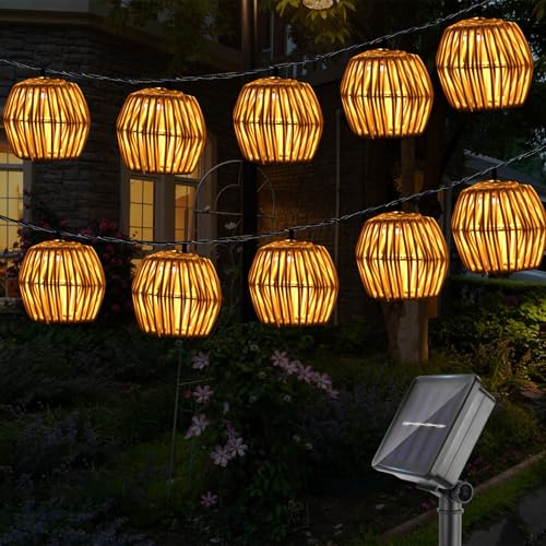 OMIGA Solar Lichterkette Outdoor 3.8m 10 Stück Balkon Lichterkette Solar Wetterfest IP65 LED Solar Rattankugel Lampion Portian Retro Stil für Außen Garten Solarleuchten von OMIGA
