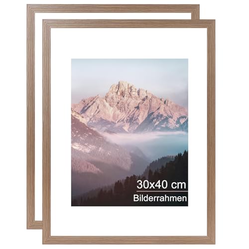 OMISHE 2er Pack Massivholz Bilderrahmen 30x40, Rahmen 30x40, Rustikaler Brauner Bilderrahmen 30x40 cm mit 21,5x28 cm Passepartout und Plastikhülle, Holzbilderrahmen 30 x 40cm zum Aufhängen, 2er Pack von OMISHE