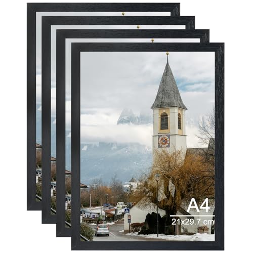OMISHE Wood A4 Frame 21x29.7 cm, Black A4 Picture Frame with Plastikhülle, Wooden A4 Photo Frame for Wall Hanging or Tabletop, Black, 4 Pack von OMISHE