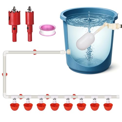 Automatisches Hühnerbewässerungssystem - Komplettes PVC-Rohrleitungs-Set mit 8 tiefen Trinkbechern, T-Anschlüssen, Schwimmerventil, automatischer Rohrzuführer, Geflügelbewässerungsset, einfache Automatisches Hühnerbewässerungssystem - Komplettes PVC-Rohrleitungs-Set mit 8 tiefen Trinkbechern, T-Anschlüssen, Schwimmerventil, automatischer Rohrzuführer, Geflügelbewässerungsset, einfache von OMISTAR