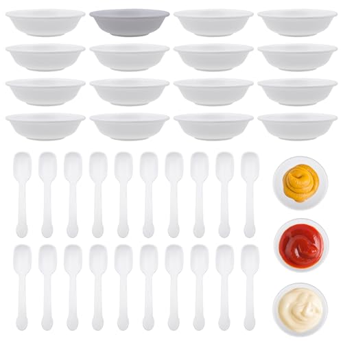 OMJMYY 16 Stück Dip Schälchen 7,2x1,9 cm Sojasauce Schälchen Dip Schalen Set mit 20 Eisportionierern für Soße Dipping Gewürzen Früchten Snack (Weiß) von OMJMYY