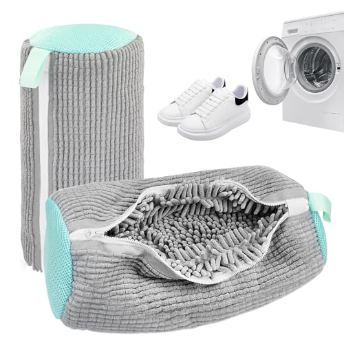 OMJMYY 2 Stück Schuhwaschbeutel Waschmaschine Wiederverwendbar Schuhe Waschbeutel Schuhbeutel Waschmaschine Wäschesack Schuhe mit Reißverschluss und 360° Reinigungsflusen für Schuhschutz(Grau) von OMJMYY