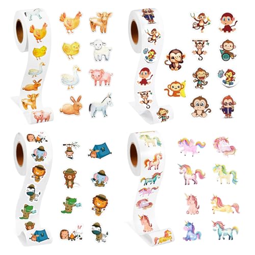 OMJMYY 2000 Stück Runde Cartoon Sticker Kinder,Aufkleber Kinder,Selbstklebende Sticker Tiere,Tier Belohnungssticker Stickerrolle mit 34 Cartoon-tiermotiven für Skateboard Gepäck Laptop von OMJMYY