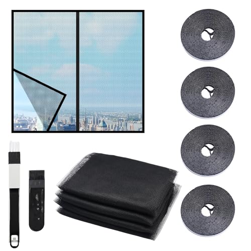 OMJMYY 4 Stück Fliegengitter für Fenster 130x150 cm - Insektenschutz Fenster Ohne Bohren,Zuschneidbar | Schwarz Moskitonetz Fenster mit Klettband & Presswerkzeug Fliegennetz von OMJMYY