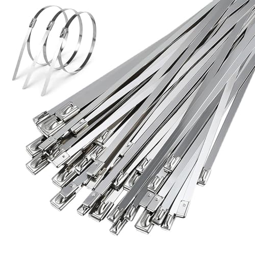 OMJMYY 50 Stück Edelstahl Kabelbinder 500 x 4,6 mm,Silber Kabelbinder Metall,Abnehmbar Stahl Kabelbinder,Rostfrei Selbstsichernde Metallkabelbinder für Auspuffaufwicklung, Kabelbündelung,Gartenpflege von OMJMYY