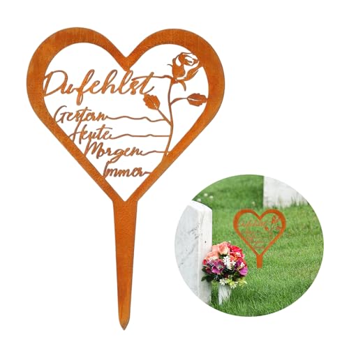 OMJMYY Grabschmuck Wetterfest Herz Grabstecker Metall Stahl Rost Grabstecker mit Spruch Grabdekoration Wetterfest für Gärten Höfe Friedhofsdeko (Rose) von OMJMYY