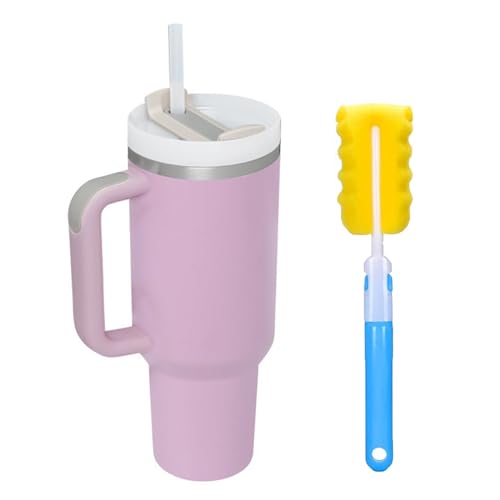 OMKMNOE 1200 ml /40Oz Adventure Quencher, Großer Becher mit Strohhalm und Deckel Simple Thermobecher mit Griff 304 Edelstahl Kaffeebecher mit Silikon-Topfbürste BPA-Frei,Rosa von INSGEER