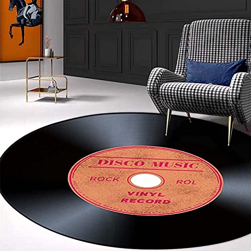 OMKUOSYA Runder Vinyl-Schallplatten-Teppich, Rutschfester Kristall-Samt-Teppich, niedlicher Musik-Schallplatten-Kreis-Teppich for Schlafzimmer, Wohnzimmer, Büro, Heimdekoration, waschbare Fußmatten von OMKUOSYA