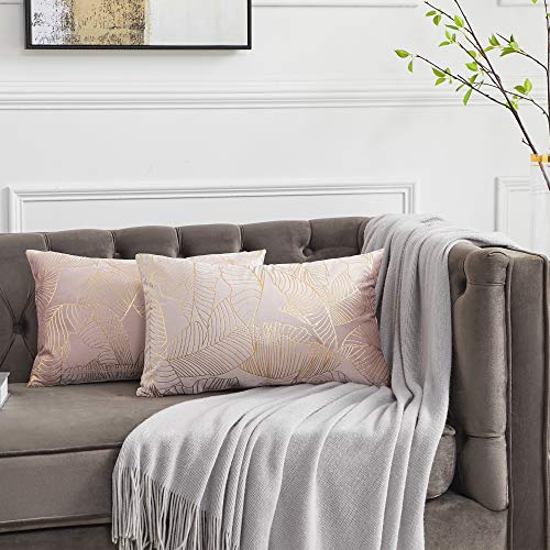 OMMATO Kissenbezug 30x50 cm Samt Gold Blätter Kissenbezüge Dekorative Kissenhülle Dekokissen für Sofa Schlafzimmer Wohnzimmer Erröten Rosa 2er Set von OMMATO