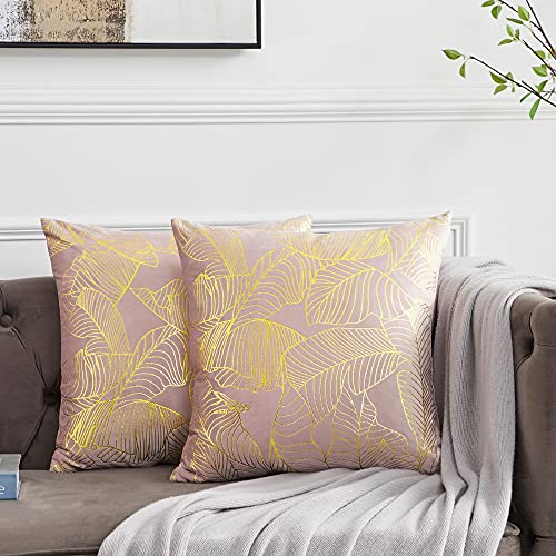 OMMATO Kissenbezug 40x40 cm Samt Gold Blätter Kissenbezüge Dekorative Kissenhülle Dekokissen für Sofa Schlafzimmer Wohnzimmer Erröten Rosa 2er Set von OMMATO