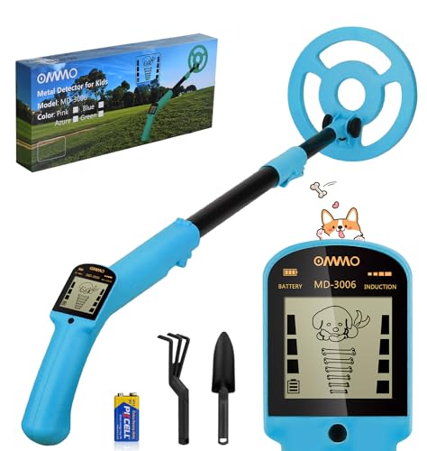 OMMO Metalldetektor für Kinder, Hochpräziser Metalldetektor mit LCD-Display, Leichter Kinder-Metalldetektor mit Verstellbarem Stiel, 6 '' Suchspule, Metalldetektor mit Schaufel Rechen, Azure von OMMO