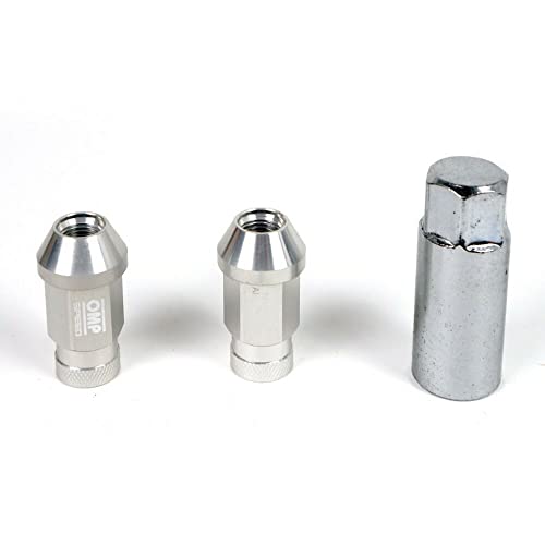 OMP SPEED Set 20 Radmuttern mit metrischem M14 x 1,25, 19 langer Gewindeschlüssel von 40 mm, Aluminium Silber Farbe 7075 von OMP