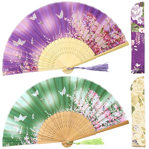 OMyTea Faltbare Handfächer für Frauen - Chinesische japanische Vintage Bambus Seide Fächer für Hot Flash, EDM, Musikfestival, Party, Tanz, Performance, Hochzeit, Geschenk (grüne & violette Sakura) von OMyTea