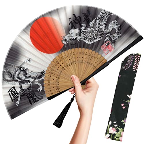 OMyTea Faltbarer Handfächer für Frauen,Faltbarer chinesischer japanischer Vintage-Bambusseide-Fan,für Hot Flash, Kirche, EDM, Musikfestival, Party, Tanz, Dekoration, Geschenk (Drache & Phönix) von OMyTea