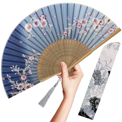 OMyTea Faltbarer Handfächer für Frauen - Faltbarer chinesischer japanischer Bambus-Seidenfächer - für Hot Flash, Kirche, EDM, Musikfestival, Party, Tanz, Dekoration, Geschenk (Gray Redbud) von OMyTea