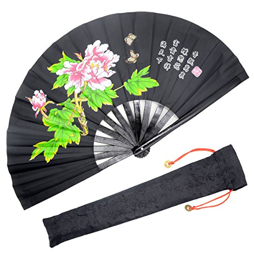 OMyTea Performances Großer Hand Faltbarer Fan - Chinesisch/Japanischer Kung Fu Tai Chi Handheld Ventilator für Damen/Herren - für Dekorationen/Tanzen/Kämpfen/Geschenk Black Peony von OMyTea