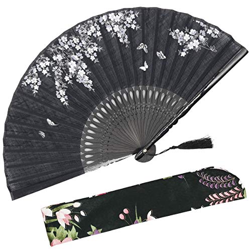 OMyTea Faltender Handfächer für Frauen - Faltbarer chinesischer japanischer Vintage-Bambus-Seidenfächer - für Hot Flash, Kirche, Dekoration, EDM, Musikfestival, Tanz, Party, Geschenk (Schwarz) von OMyTea