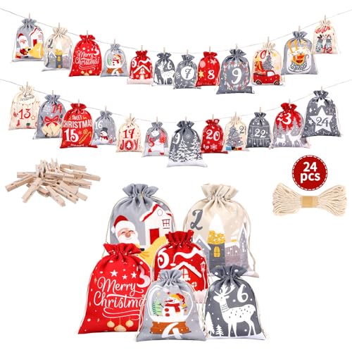 ONBAGLST 24 Weihnachtskalender Adventskalender zum Befüllen, 18 x 13 cm Groß Adventskalender Selber BefüllenSäckchen 2025 für Weihnachtsgeschenke Kinder von ONBAGLST