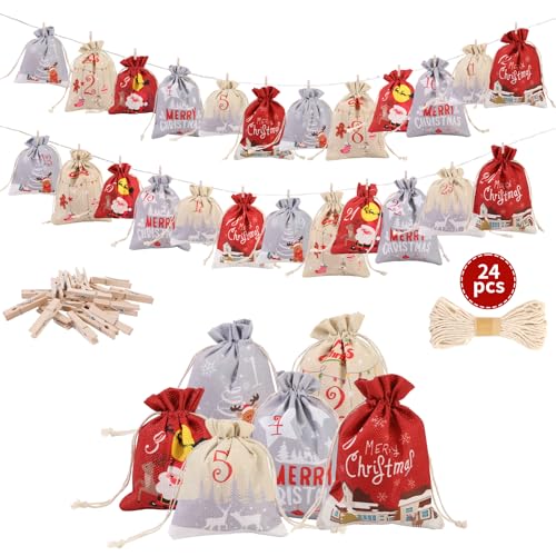 ONBAGLST Adventskalender zum Befüllen,24 Adventskalender Selber Befüllen Kinder Stoff,Groß Adventskalender Säckchen,2 Größen von Adventskalender Tüten,Leere Weihnachtskalender zum Selbst Befüllen von ONBAGLST