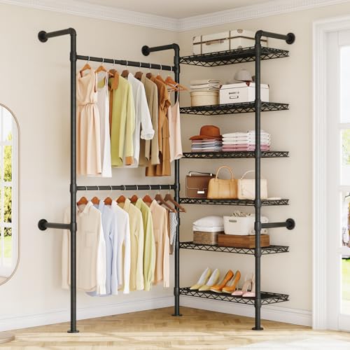 L2 Wandmontiertes Schranksystem, Industrierohr-Kleiderständer mit 2 Teleskopstangen und 6 Ablagen, robustes Schrank-Organizer-System im Kleiderschrank, schwarz von ONBRILL