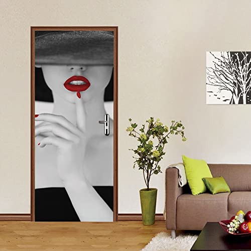 selbstklebende fototapete 90x200cm(35.43 inches * 78.74 inches) Frauen rot Tür Wandbild 3D Wallpaper Abnehmbare selbstklebende Aufkleber Türkunst Wandaufkleber Diy Office Home Decor Poster Dekoration von ONDIAN