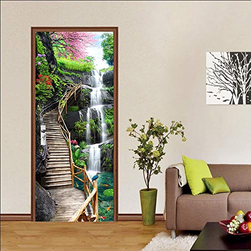 türaufkleber selbstklebend 77x200cm(30.31 inches * 78.74 inches)Wasserfall Holzbrücke 3D Türaufkleber PVC Selbstklebende Wasserdichte Abnehmbare Art Decals für Dekoration Wandbild Türtapete selbstkleb von ONDIAN